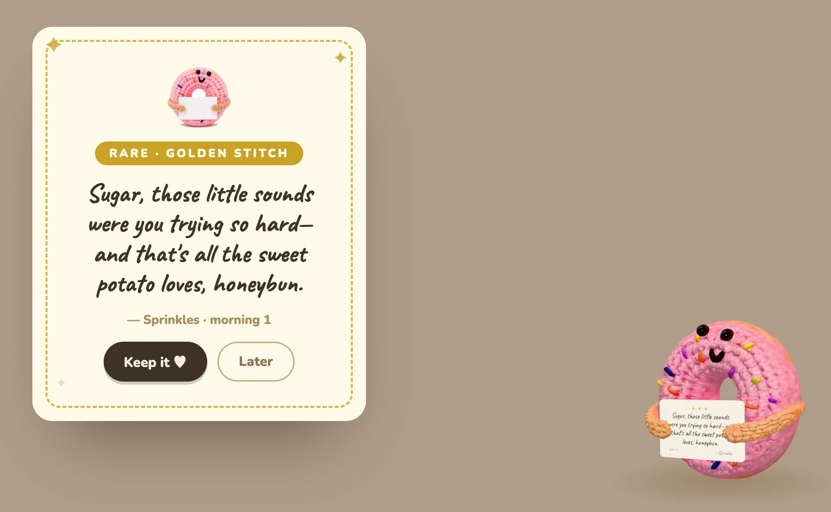 A rare Golden Stitch — the popup card is the very one he holds out to you